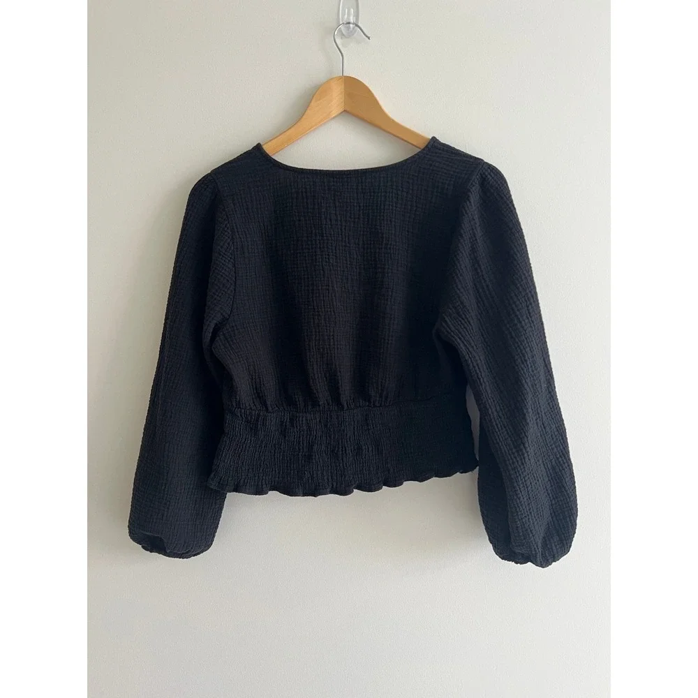 Madewell Lightspun Julianne Smocked Waist Top Black Gauze Crop Large Boho Spring